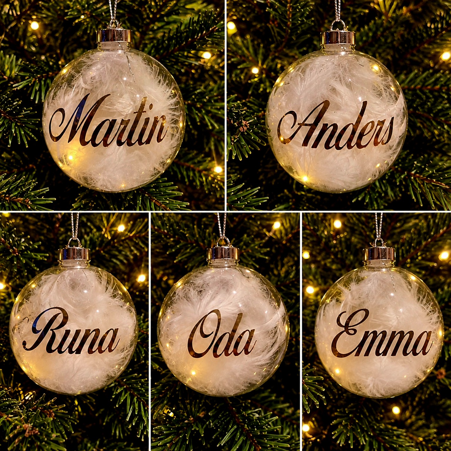 Gjennomsiktige julekuler med hvite fjær og navn i gull